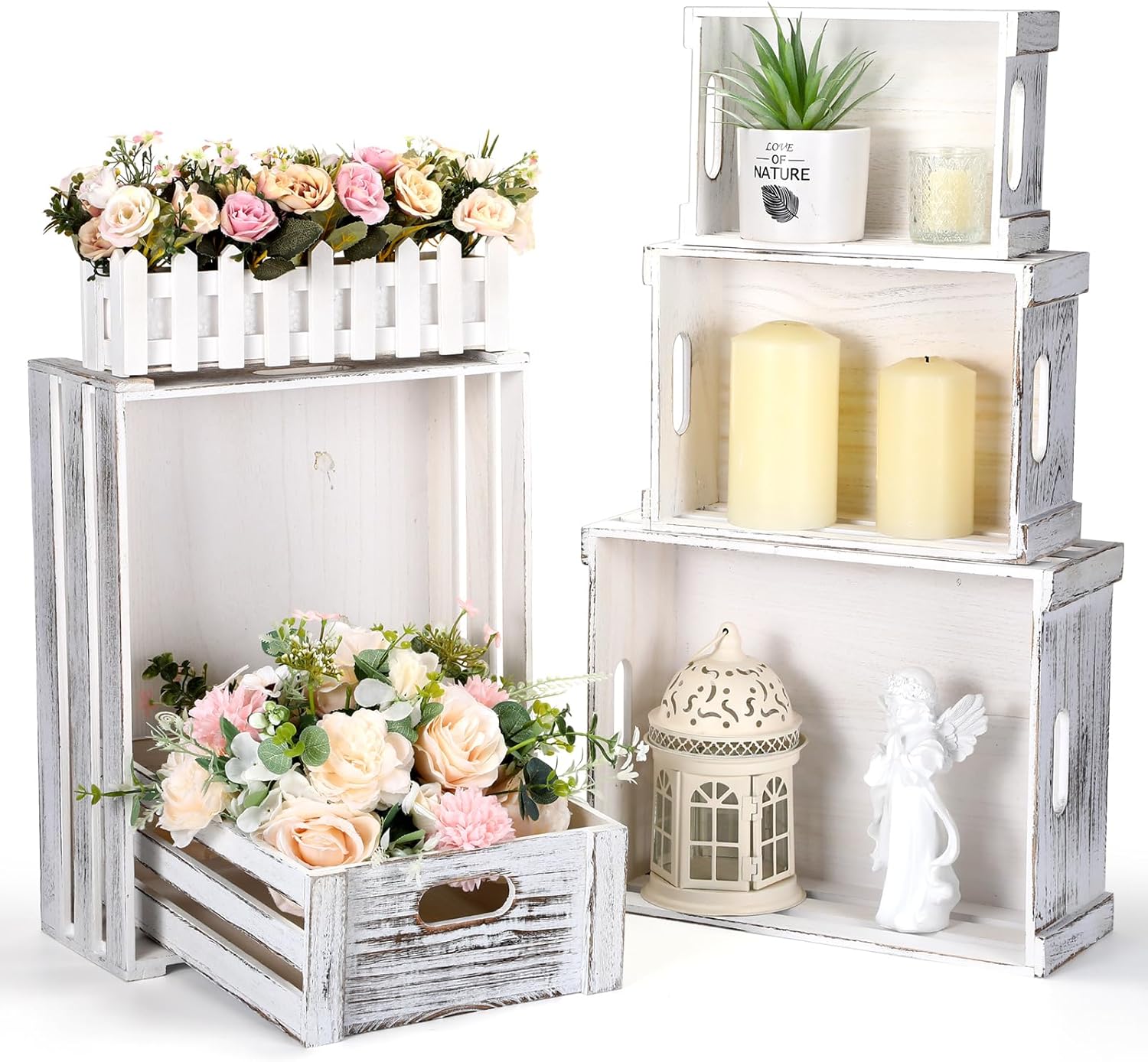 5 Pack Decorative Wood Crates for Display 5 Sizes Rustic Nesting Wooden Crates Vintage Storage Container Boxes with Handles Handmade Decorative Baskets Bin for Farmhouse(Vintage White)