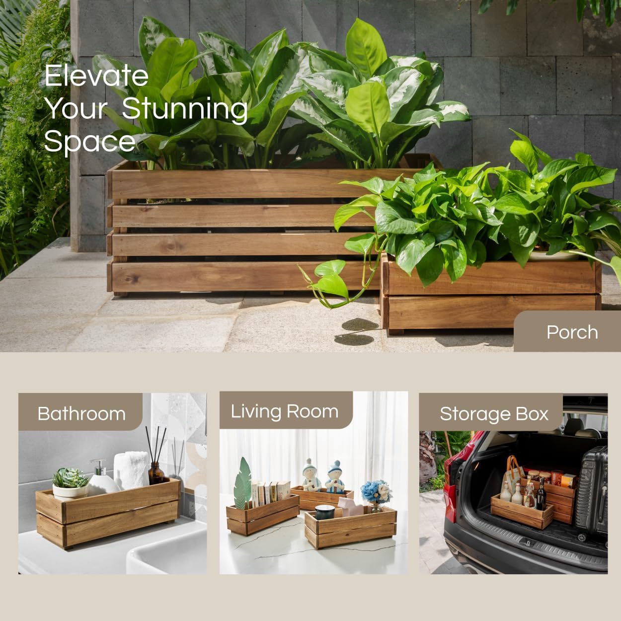 Wooden Planter Box, Storage Box 17”L x6”W x5.5”H with Crate Style, Acacia Wood Flower Container, Rustic Rectangle Planter for Planting, Decor and Storage - 3 Colors (Golden Walnut)