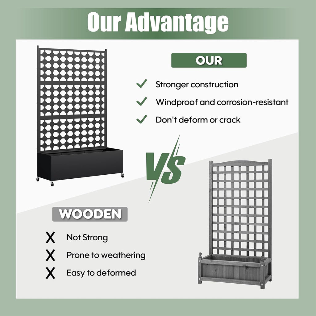 Metal Planter Box with Trellis Privacy Screen, Raised Garden Bed with Dots Trellis & Wheels, Privacy Planters for Patio, Planter Box for Climbing Plants, Flower, 73"x 47"x 16", Black