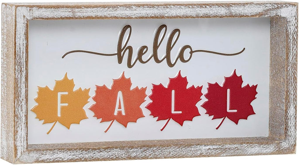 Embossed Hello Fall Sign, Farmhouse Fall Decorations for Home, Modern Autumn Home Decor Indoor, Wooden Thanksgiving Tiered Tray Decor for Table Shelf Cubicle Desk Mantel