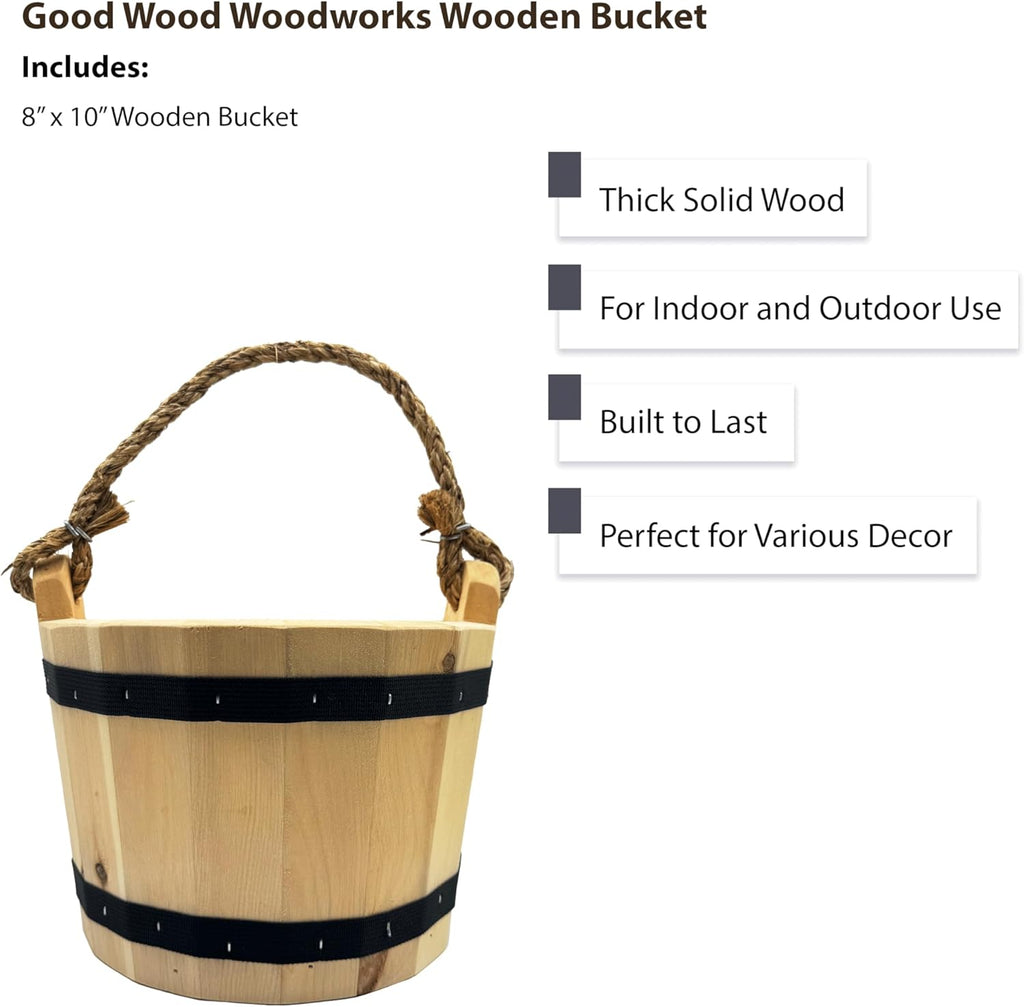 Good Wood - Wooden Bucket 8" x 10" Water Wishing Well Pail with Rope Twine Handle Solid Wood Vintage Style Primitive Planter - Made in The USA
