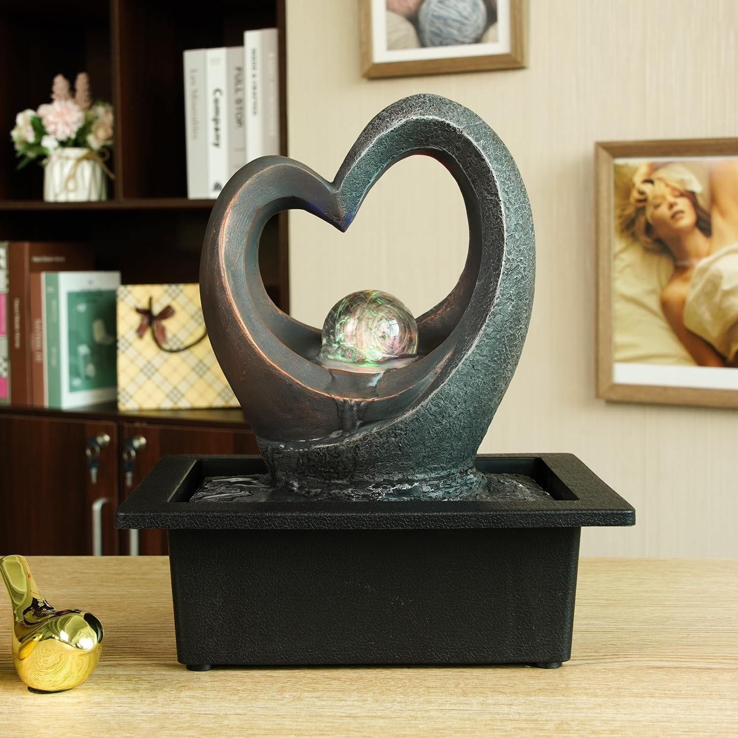 Spinning Orb Rock Cascading Tabletop Fountain, Zen Meditation Indoor Waterfall Feature with ON/Off Switch, Waterfall Fountain with LED Light for Home Office Bedroom