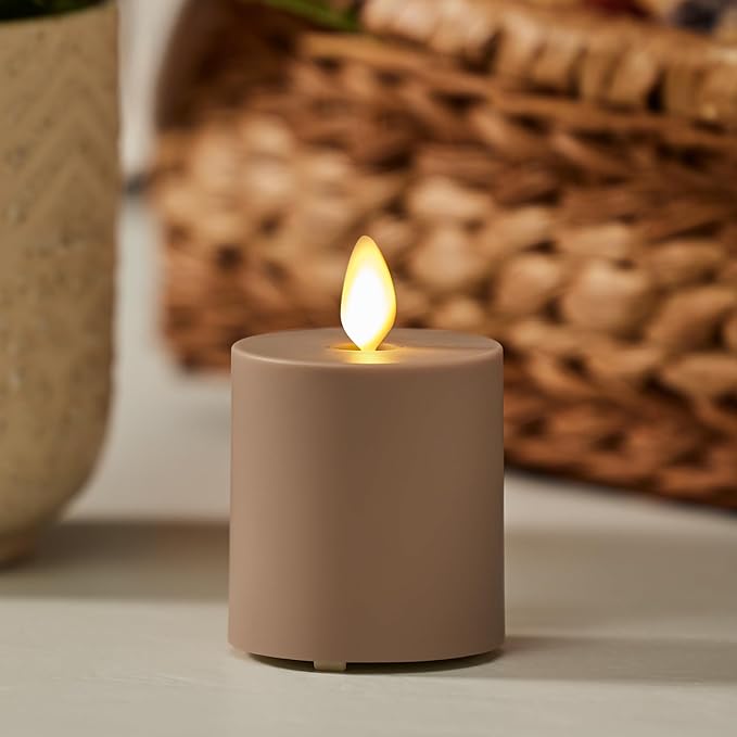 Luminara Outdoor Votive Flameless LED Candle, Timeless Taupe 2" x 3.2", Moving Flame Battery Operated Timer Remote Ready IPX4 Matte Plastic Finish