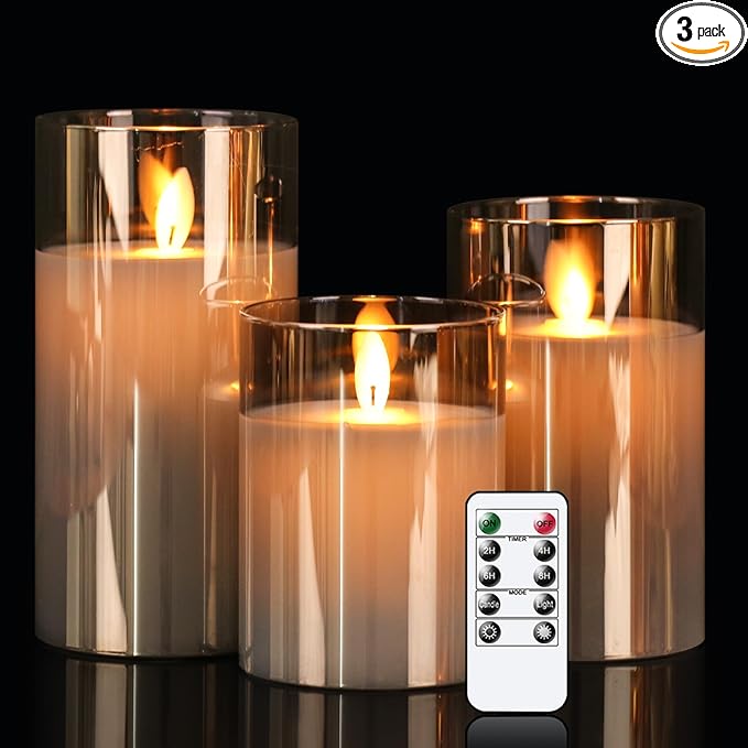 Glass Realistic Flickering Flameless Candles with Remote Timer, LED Pillar Candles Battery Operated with 3D Wick, Real Wax Fake Candles Home Decor for Wedding Festival Party