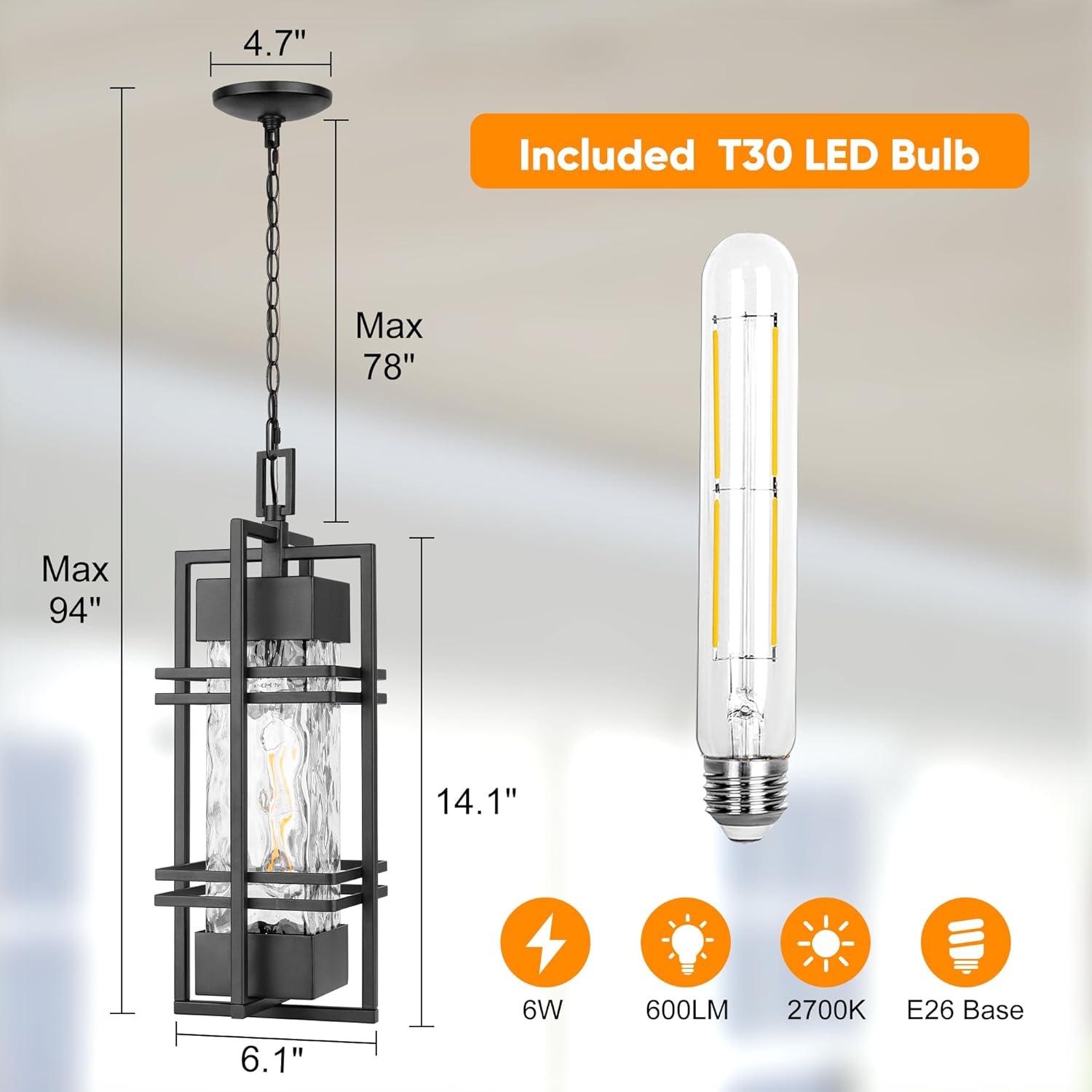 Large Outdoor Pendant Light Fixture, Modern Hanging Lantern Ceiling Mount, Anit-Rust Waterproof Chandelier Lighting Exterior with Stone Bubble Glass for Porch, Garage, Gazebo, Patio