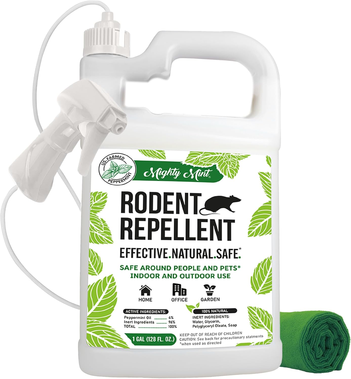 Mighty Mint Peppermint Oil Rodent Repellent Spray with Microfiber Cloth – Natural Indoor & Outdoor Control for Mice and Rats – Plant-Based, Extra-Strong Formula - 1 Gallon (128 oz)