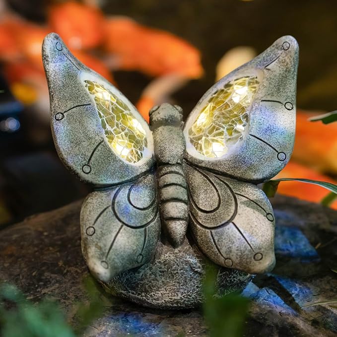 Garden Statue Butterfly,Solar Butterfly Decor for Outdoor,Resin Butterflies Figurine with Solar Light for Patio,Balcony,Yard,Lawn Ornament,Perfect Garden Gift