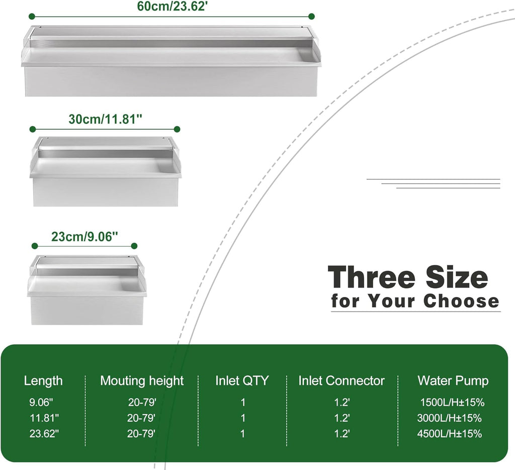 Pond Waterfall Spillway LONGRUNNEW 304 Stainless Steel 11.8" Rectangular Waterfall Spillway, Water Fall Fountain with Pipe Connector for Garden Outdoor, Swimming Pools, Fountains, Pond and Spa