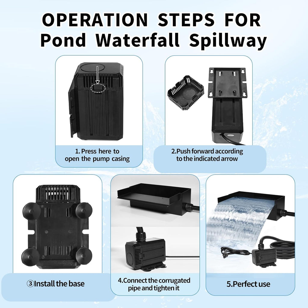 Pond Waterfall Kit for 2000 Gallon Ponds – Waterfall for Pond Kit Include 12.2" Stainless Steel Spillway Box, 55W 900GPH Pump & 10FT Tubing | Ultra-Quiet, Easy Install