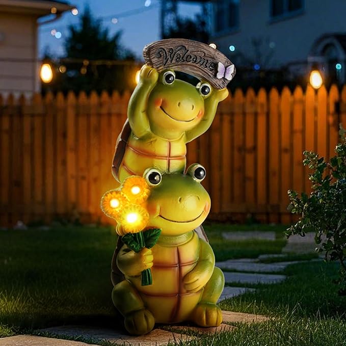 Garden Turtle Outdoor Statues, Solar Garden Statue Two Sweet Frog Face Turtles Decor with 3 LED Lights, Unique Art Resin Gifts for Patio Lawn Porch Yard