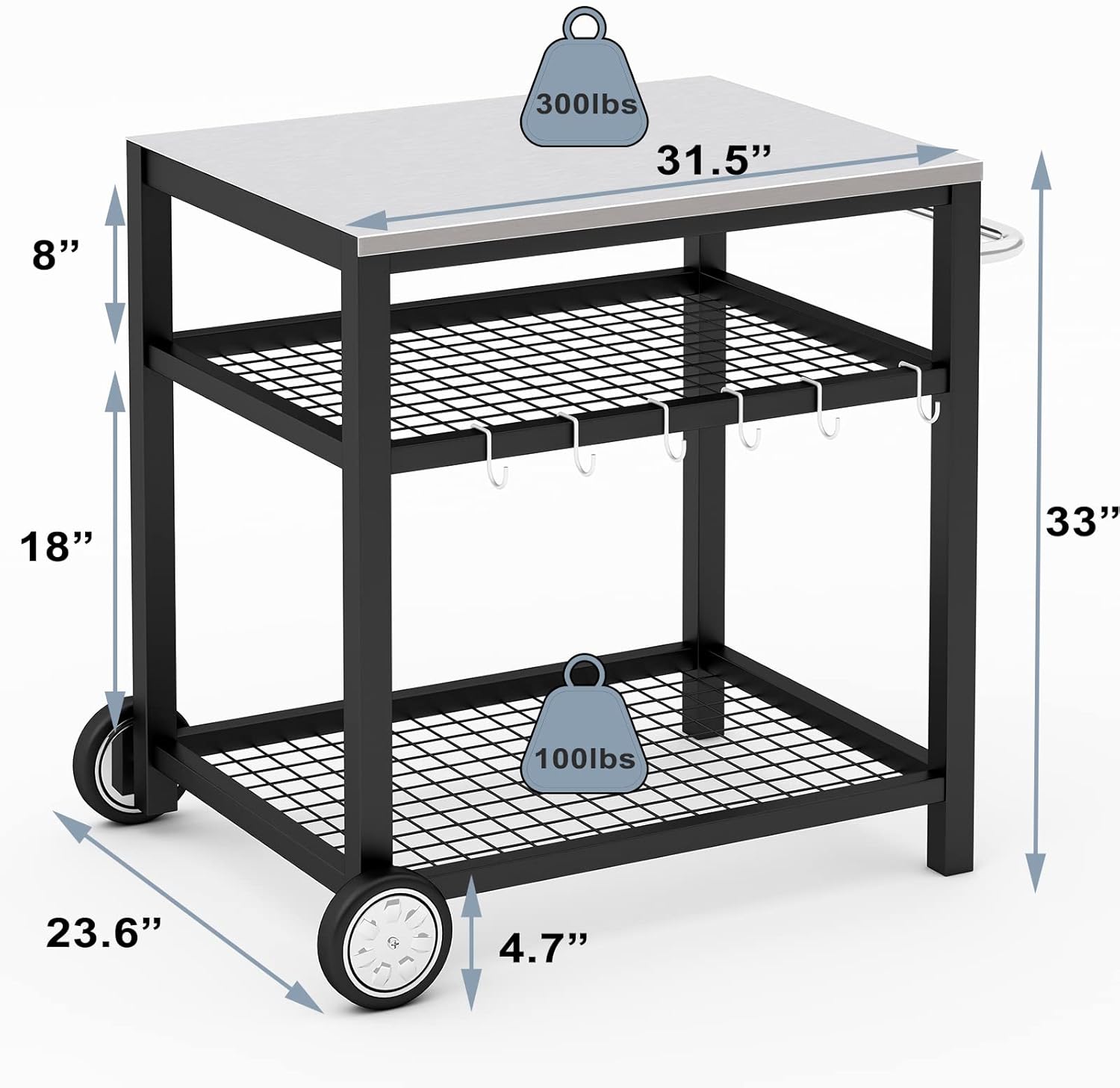 Stainless Steel Grill Cart Pizza Oven Stand Trolley Table with Wheels Pizza Cart Three-Shelf Movable Food Prep Work Dining Table with Double-Shelf Heavy Duty Outdoor 31.5" x 24 x 33.5
