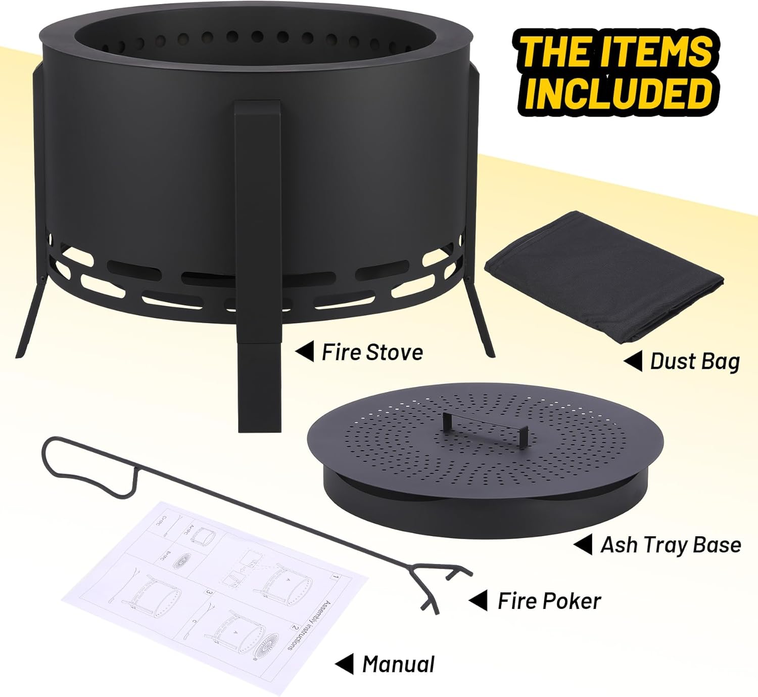 26" Smokeless Fire Pit with Ash Tray Base,Smokeless Outdoor Firepits with Adjustable Foot&Fire Poker,Firepit with Dust Bag,Outdoor Fire Pits for BBQ,Bonfire,Camping
