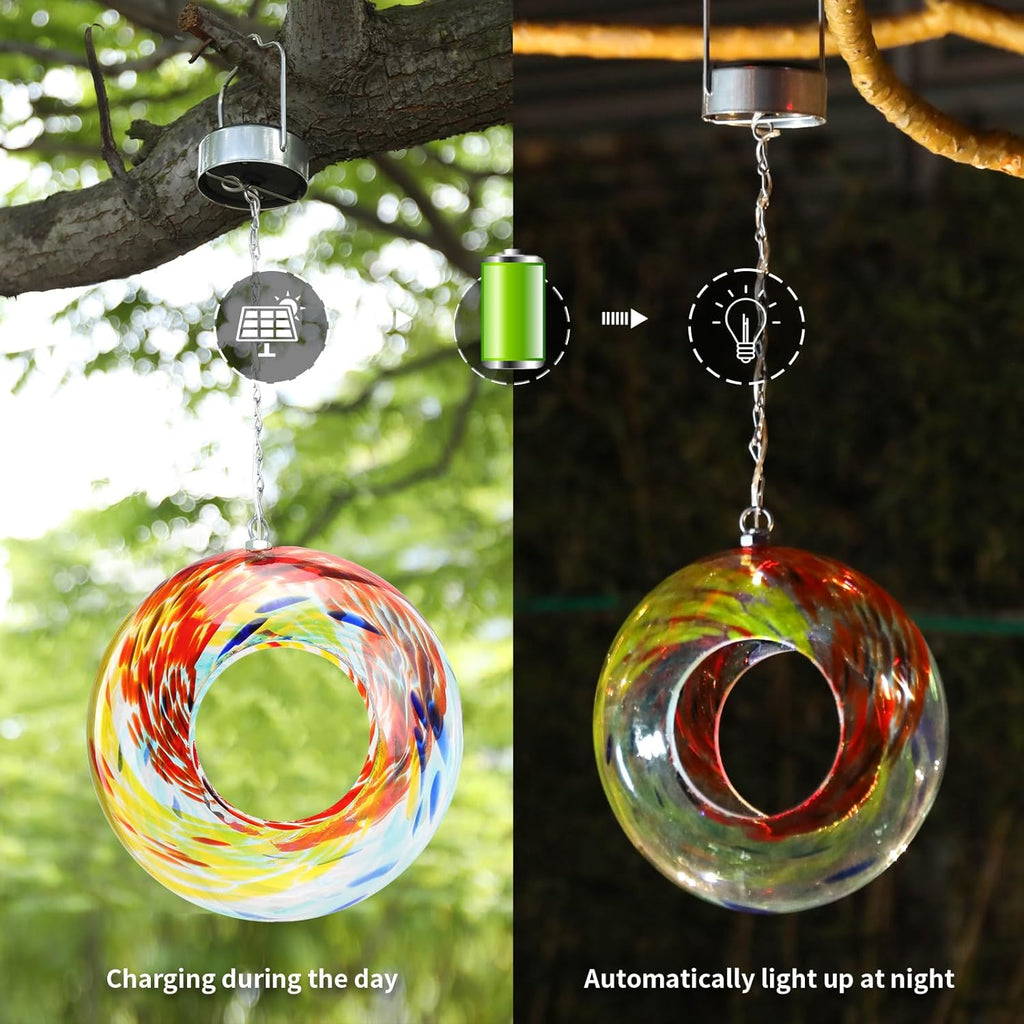 VCUTEKA Bird Feeder Solar Fly Through Bird Feeders for Outside Hanging with Round Shape Glass Container to Attract Wild Birds for Garden Decor, Solar Birdfeeder as Gift for Lovers, Red 8-Inch