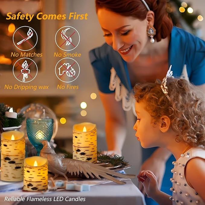 Metaku Flameless Candles Battery Operated Set of 3 Birch Bark LED Pillar Candles with Remote,3D Moving Wick Electric Decorative Candles for Christmas Party Wedding Home Bedroom,D 3"×H4 5" 6"