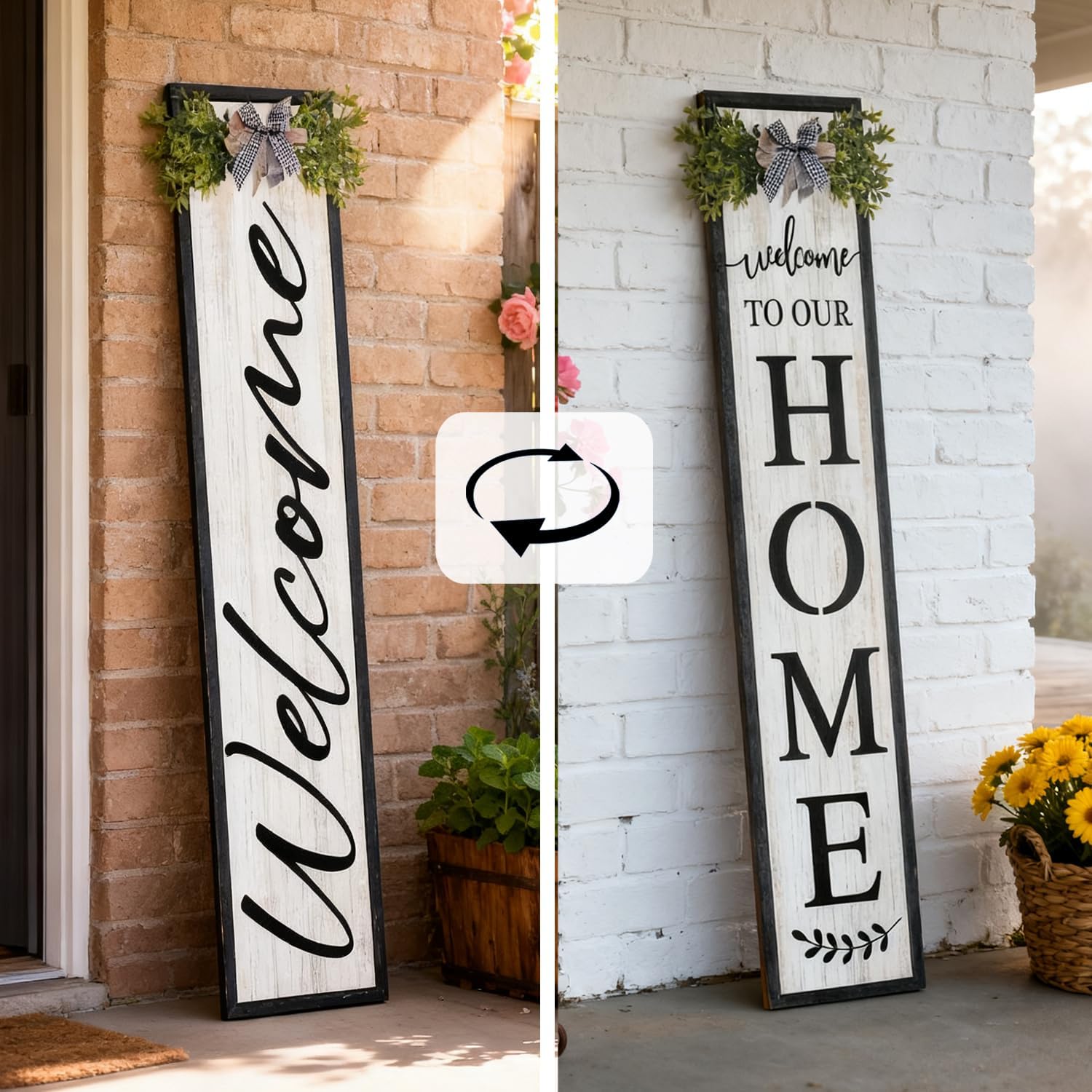 Double-sided Welcome to Our Home Wooden Sign Stand with Magnetic-adhesive Wreath for Front Door, 47" Vertical Farmhouse Welcome Porch Sign, 2in1 Large Tall Porch Leaner Decor for Outdoor Patio Garden
