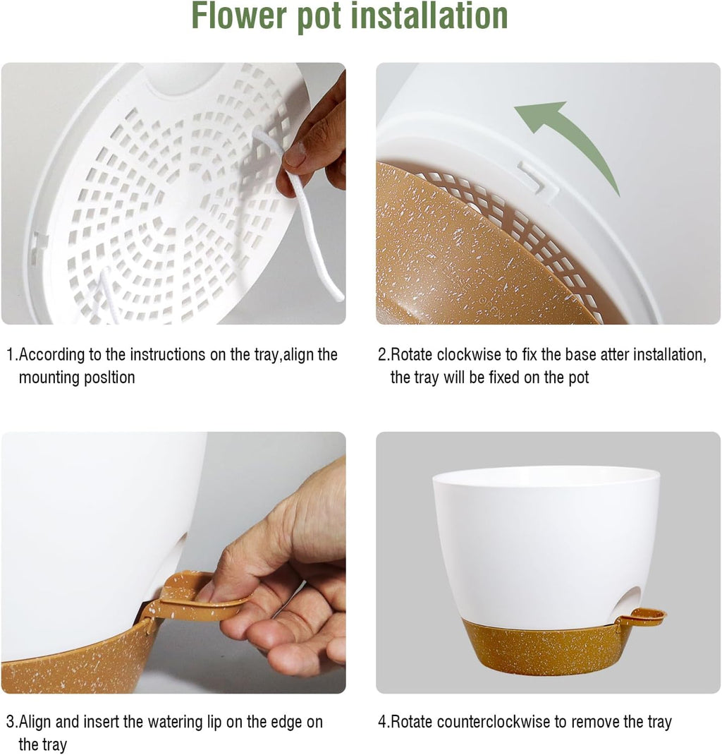 12 inch Large Self Watering Pots, Flower Plant Pots with Drainage Holes for Indoor Outdoor Garden Plants, Plastic Planters with Removable Deep Reservoir, White with Brown