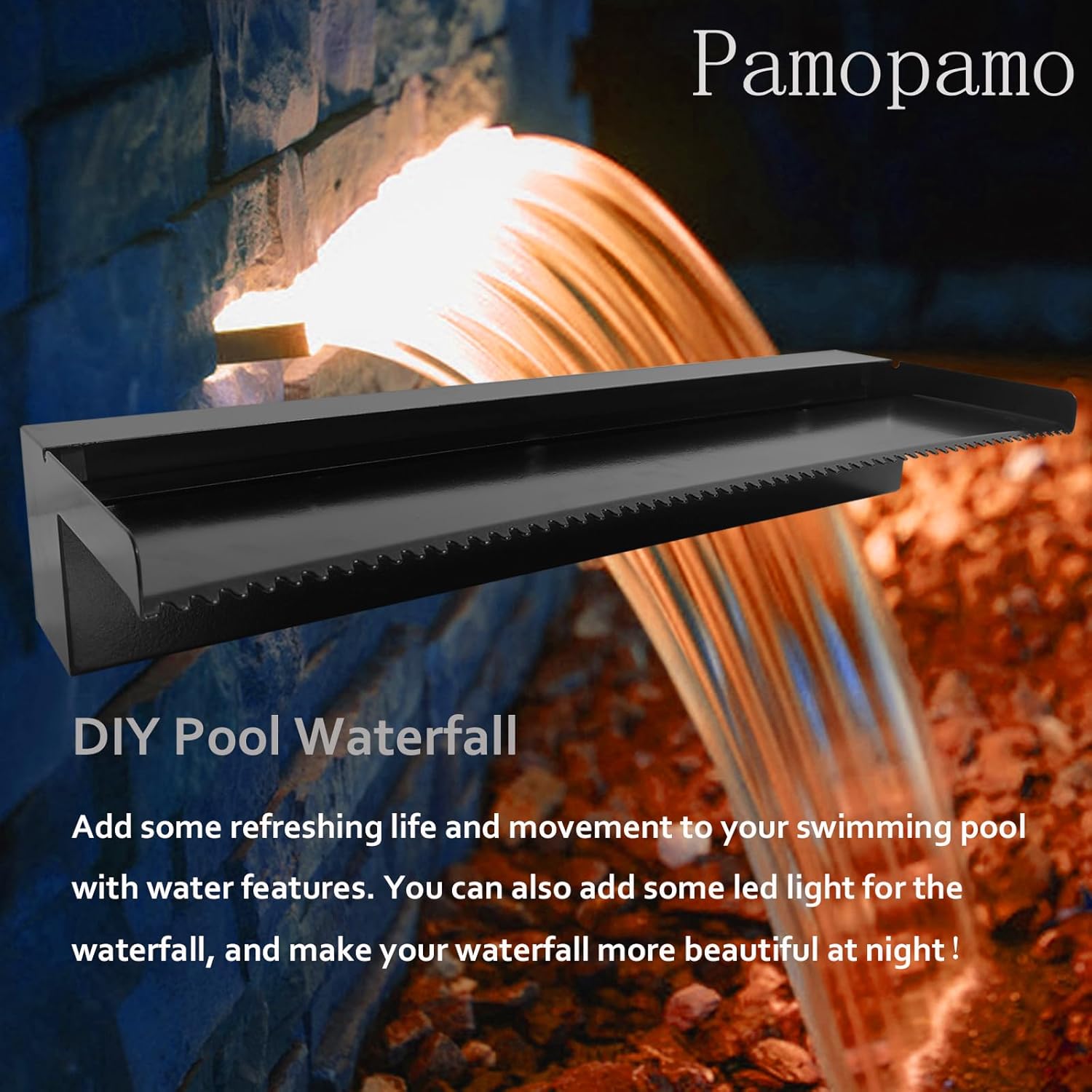 Pond Waterfall Spillway Pool Fountain Water Feature, Black Stainless Steel Outdoor Fountains, Swimming Pool Water Flow Waterfalls Kit for Garden Patio Ponds-11.8"x7.8"x3.9"(NO Light)