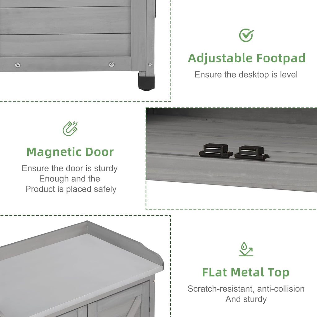 Potting Bench with Storage Cabinet and Metal Table Top for Outdoor Patio, Garden Furniture Wood Workstation (Classsic Grey, 31.5x17x39)