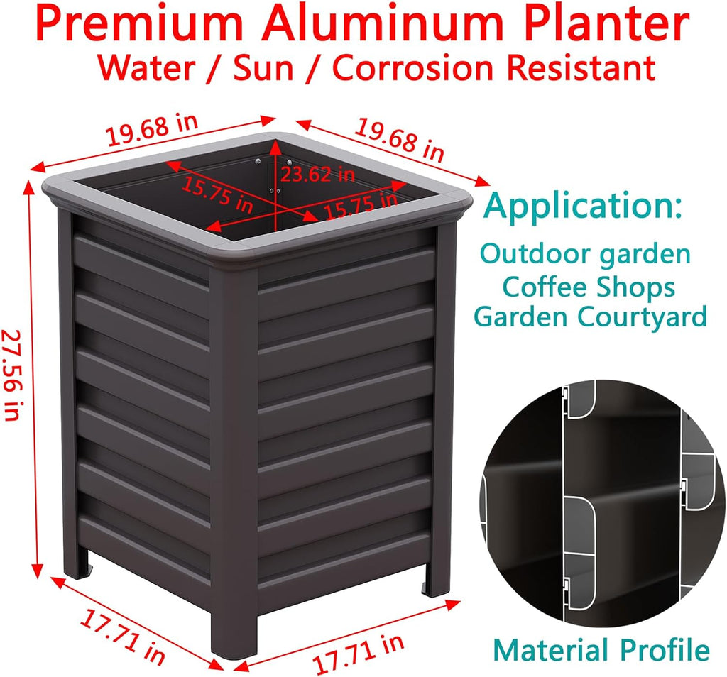 Aluminum Outdoor Planter - 19.68" Tall Planter Box for Patio Porch Indoor or Outdoor Durable Weather-Resistant Large Planters for Flowers with Drainage Hole, Dark Brown, 19.68"D x 19.68"W x 27.56"H
