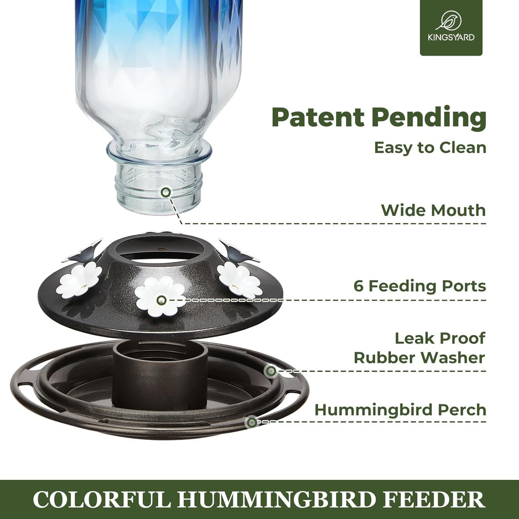 Kingsyard 2 Pack Glass Hummingbird Feeder for Outdoor Hanging, 24 Ounces, 6 Feeding Ports, Bird Nectar Feeder for Garden Décor, Ant Moat Included, Blue