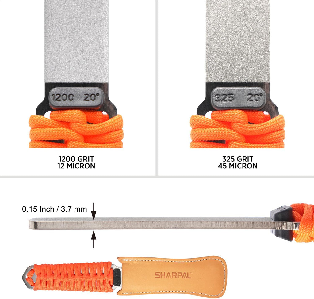 SHARPAL 181N Dual-Grit Diamond Sharpening Stone File Garden Tool Knife Sharpener with Leather Strop Coarse 325 / Extra Fine 1200 Grit for Lawn Mower Blade, Axe, Hatchet, Hedge Shears, Chisels, Drills