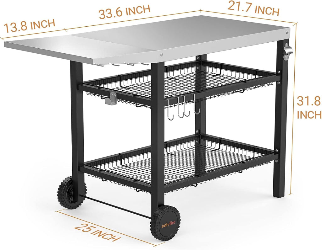 only fire Pizza Oven Table Cart for Ooni, Ninja Woodfire, Blackstone Griddle, Cuisinart Pizza Oven, Outdoor Stainless Steel Food Prep Table Movable Food Prep Cart Grill Stand with Storage Basket