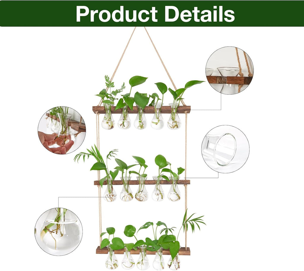 XXXFLOWER Wall Hanging Propagation Station with Wooden Stand 5 Bulb Vase 3 Tiered Planters Wall Terrarium for Home Office Plant Hanger Flower Vases Wall Decor(Brown)
