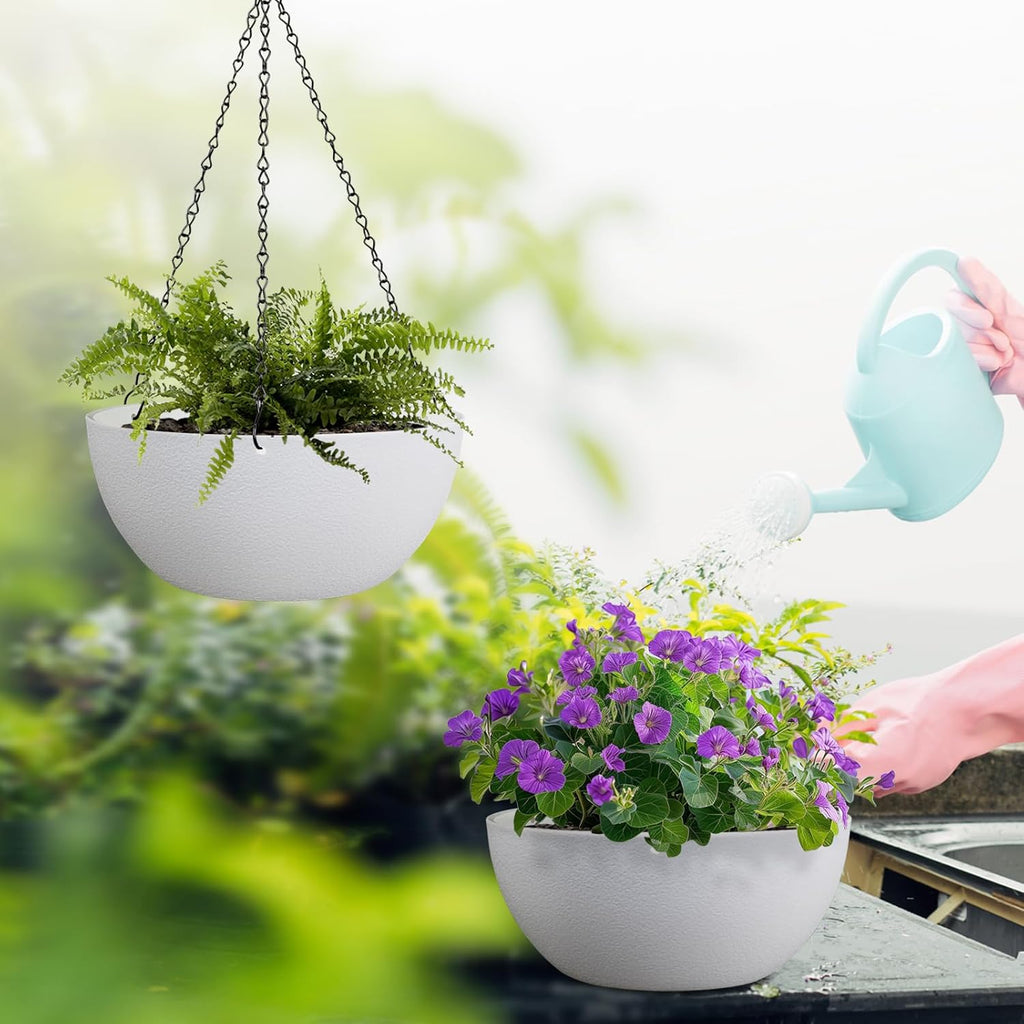 13 inch Large Hanging Planters Plant Pots for Outdoor Indoor Plants with Drainage Holes and Chain, 2 Pack Round Hanging Flower Pots for Garden Home Porch Decor, White