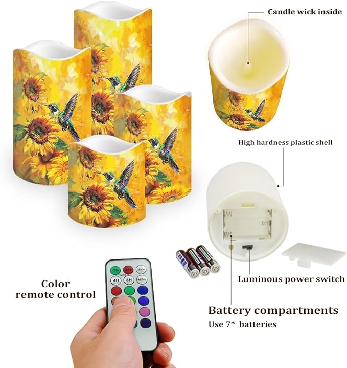 Ystardream Flameless Candle Valentine Candles Hummingbird Unity Candles for Wedding Ceremony Set with Remote and Timer Battery Operated Realistic LED Window Candles Dinner Wedding Sunflower Print