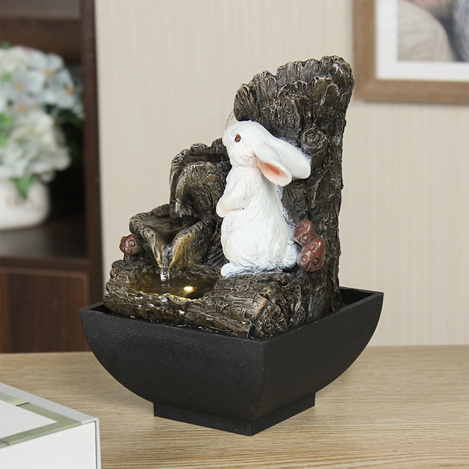 Small Cascading Rock Tabletop Fountain, Cute Little White Rabbit Indoor Waterfall Fountain with Colored LED Lights and Rolling Ball, 3 Tiered Desktop Fountain for Office Home Bedroom