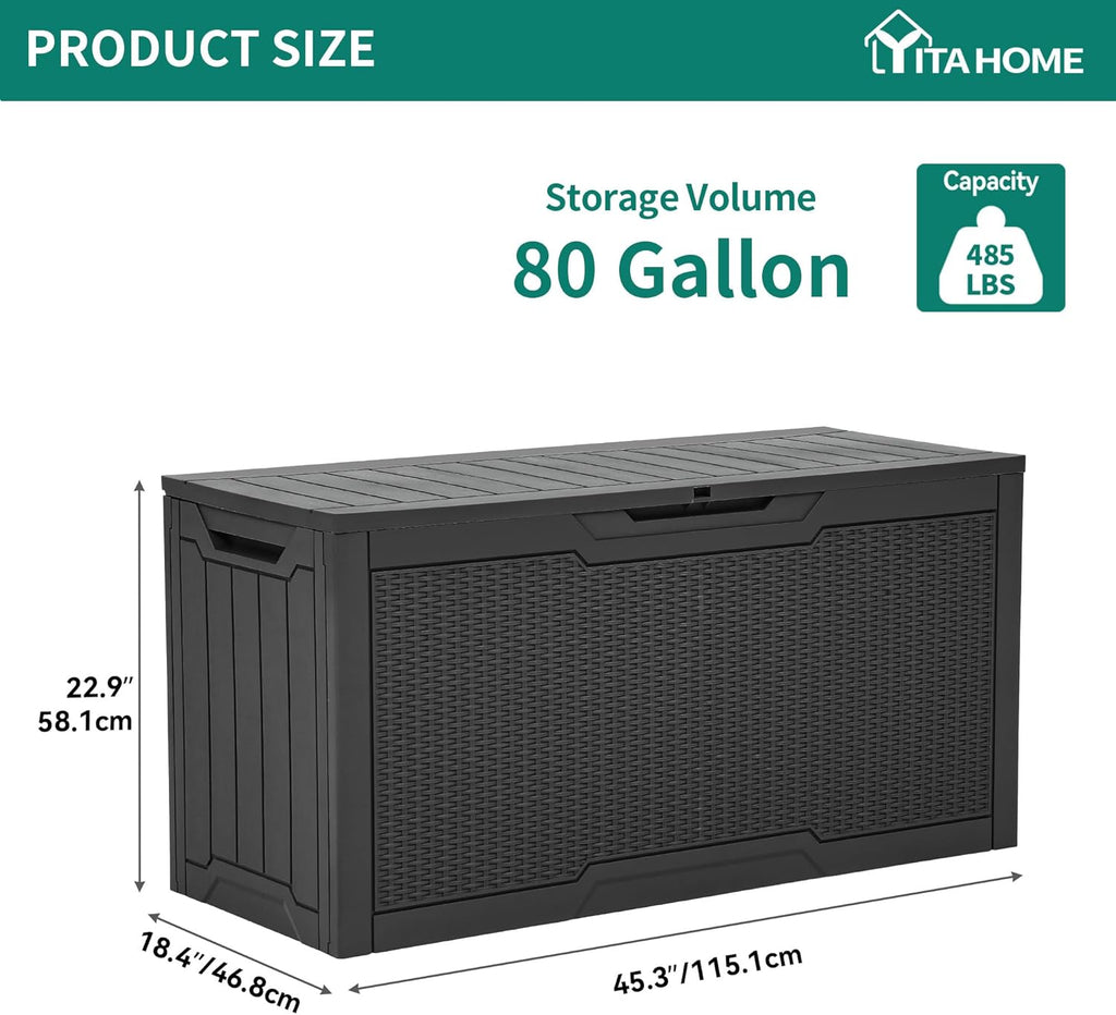 YITAHOME 80 Gallon Outdoor Storage Box, Large Water Resistant Resin Deck Box, Indoor Outdoor Lockable Rattan Storage Container for Patio, Garden, Cushions, Tools, Equipment (Dark Gray)