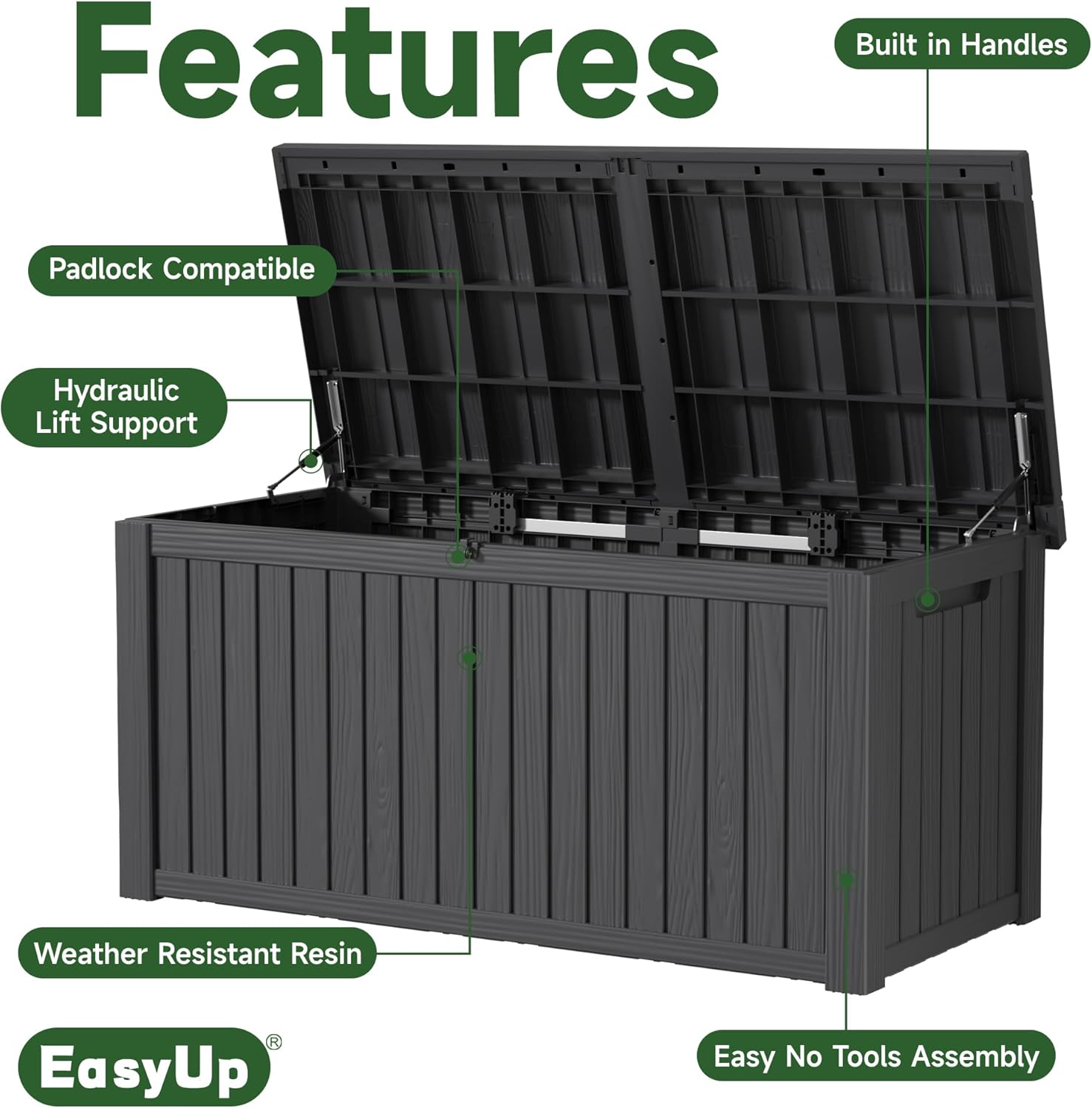 180 Gallon Outdoor Storage Box Waterproof, UV Resistant Resin Deck Box with Hydraulic Rod, Reinforced Stability for Patio, Garden, and Pool, Striped Black