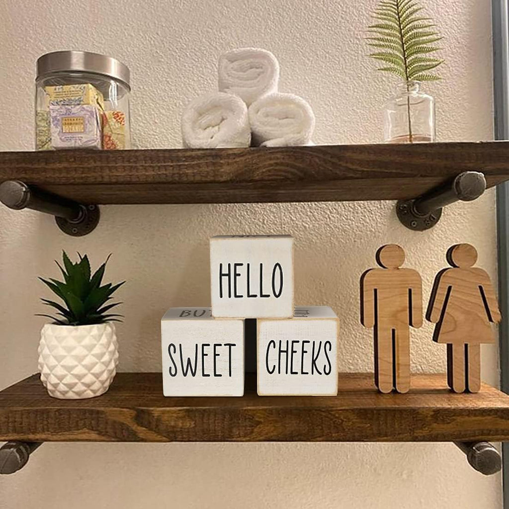 Funny Farmhouse Bathroom Decor and Accessories for Shelf, 4-Sided Wooden Blocks - Nice Butt&Get Naked&Hello Sweet Cheeks&Wash Your Hands Sign, Modern Rustic Restroom Decorations, White 2.8"