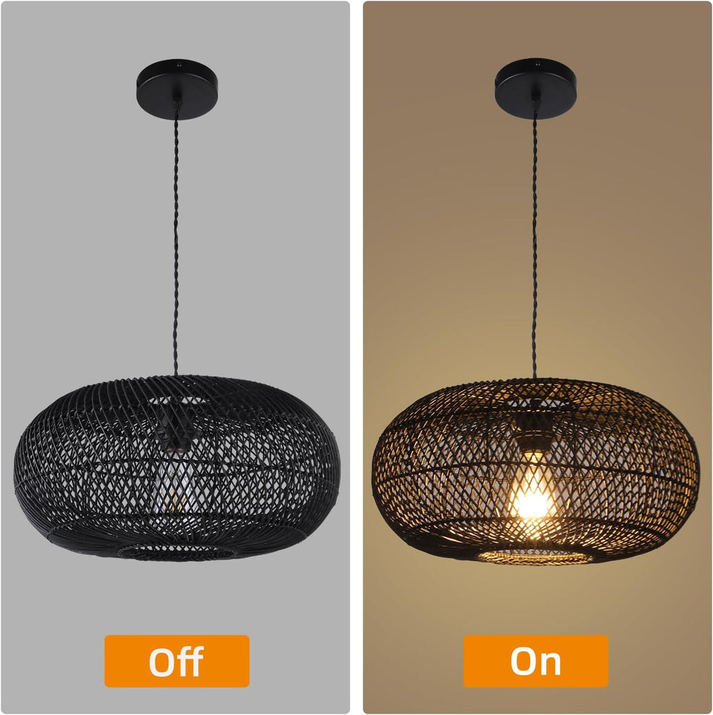 Rattan Pendant Light 15.75" 1-Light Hand-Woven Bamboo Rattan Hanging Lamp Large Globe Wicker Chandelier Modern Bohemian Adjustable Pendant Lamp for Kitchen Island Farmhouse Outdoor Porch Black.…