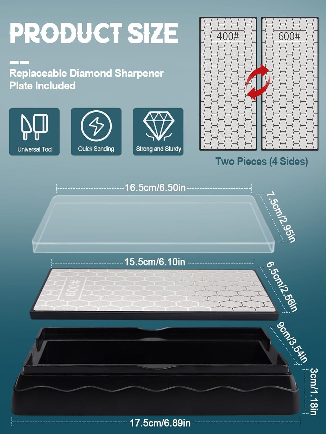 Double-Sided Diamond Sharpening Stone, Kalolary Knife Sharpener Stone Diamond Plate Stone with Non-slip Base & Replaceable Grit Plate for Knives Outdoor Camp Kitchen Sharpen Tool (400/1000# 600/1200#)