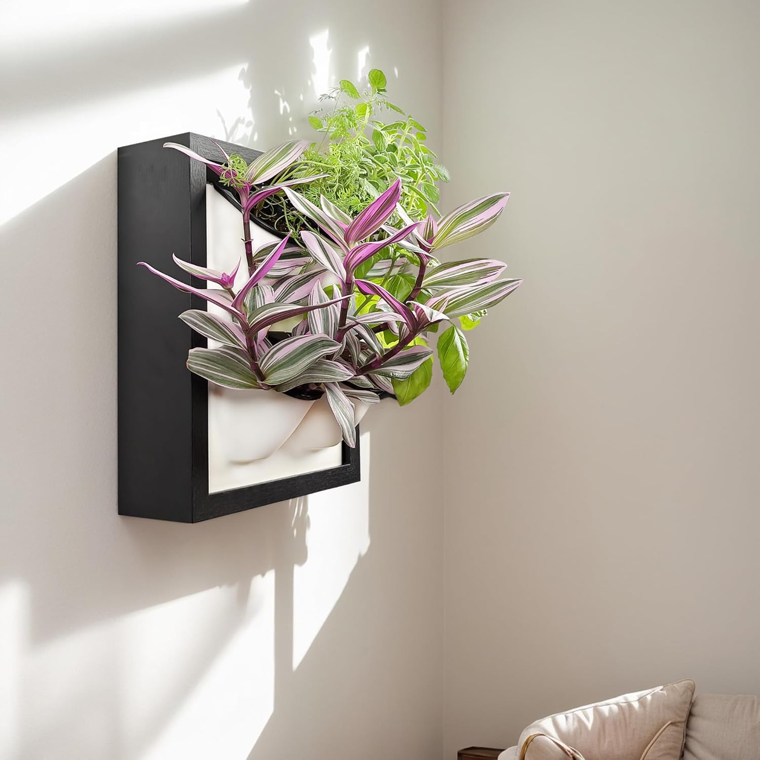 Wall Garden 4 Vertical Wall Planter, 4 Pots Wood Frame Self Watering Living Planter for Home Office Decor, Wall-Mounted Planter for Indoor Houseplants (Black)