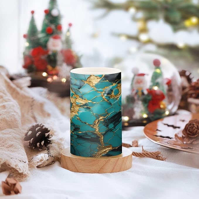 Flickering Flameless Candles, Turquoise Golden Marble LED Candles with Remote Timer, Set of 2 Battery Operated Candle for Valentine Wedding Birthday