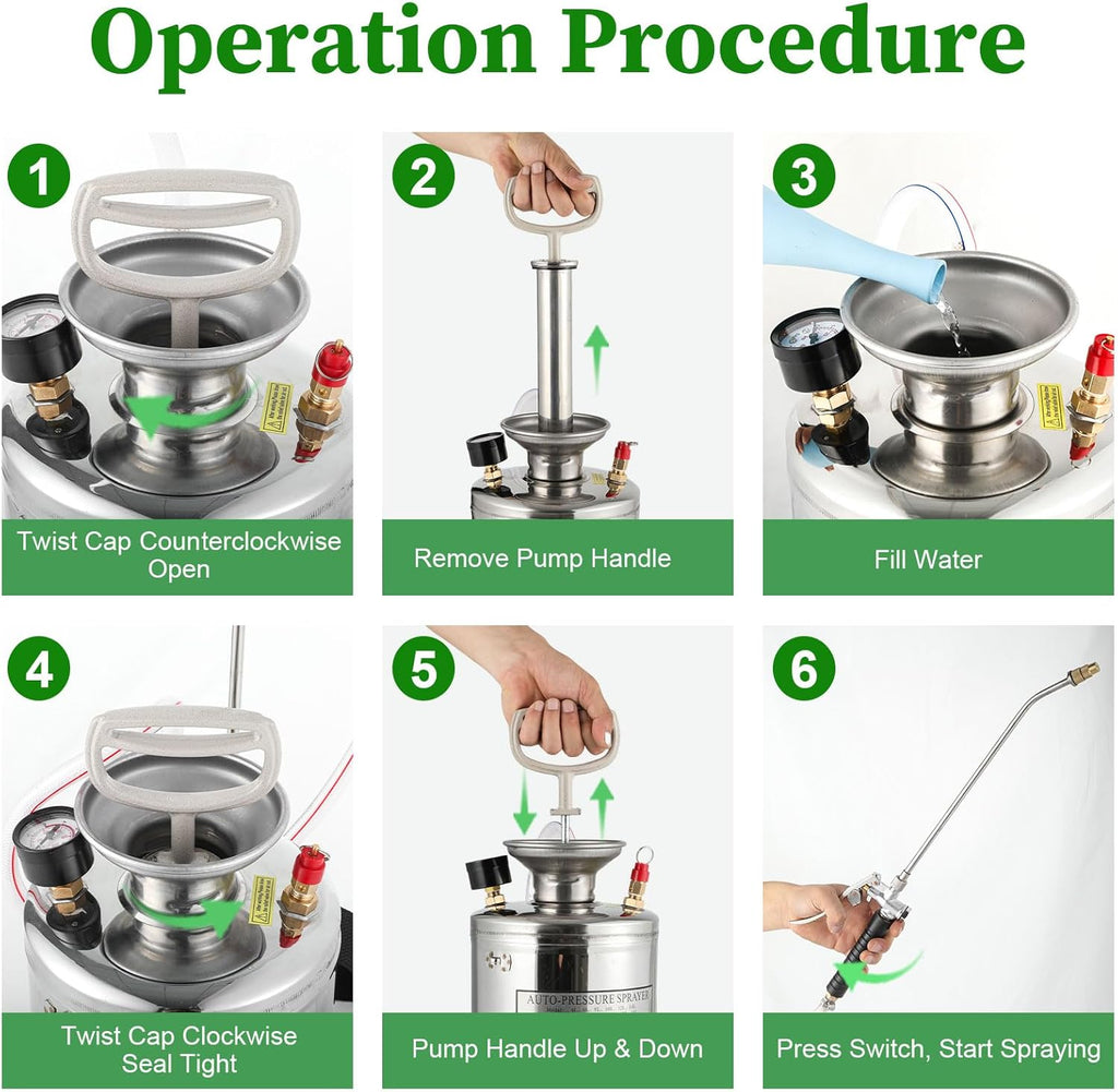 Stainless Steel Sprayer 3 Gallon - Steel Hand-Pump Sprayer, with 3.3-inch Reinforced Hose - Garden Sprayer for Home, Gardening, Ground Cleaning(3Gallon)