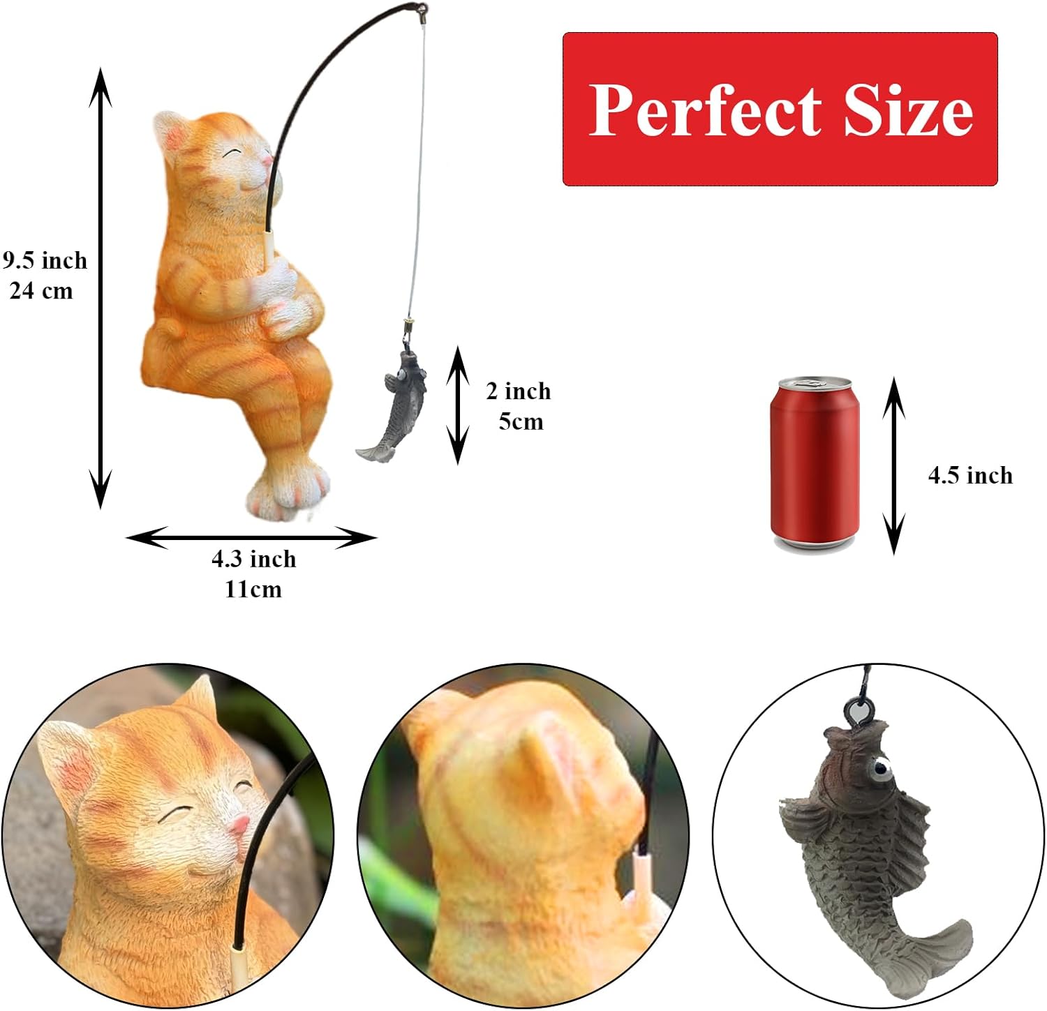 Cat Decoration for Yard Outdoor Garden Decor 9.7 Inch Tall Fishing Cat Statue for Koi Pond, Waterfalls or Poolside Ornaments, Fisher Guy Cat Figurine Pond Decor, Gift for Mom & Women