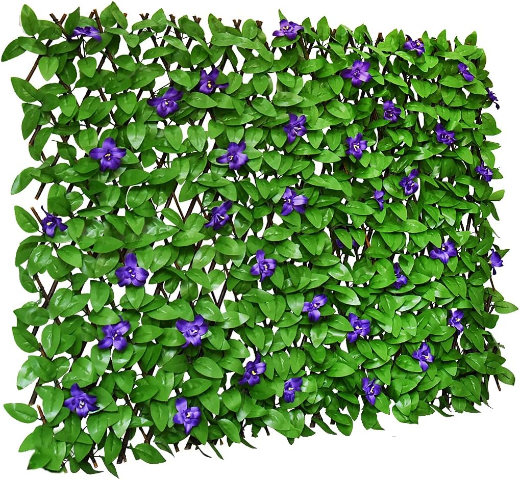 Expandable Fence Privacy Screen for Balcony Patio Outdoor,Decorative Faux Ivy Fencing Panel,Artificial Hedges (Single Sided Leaves) (1, Green Flowers)