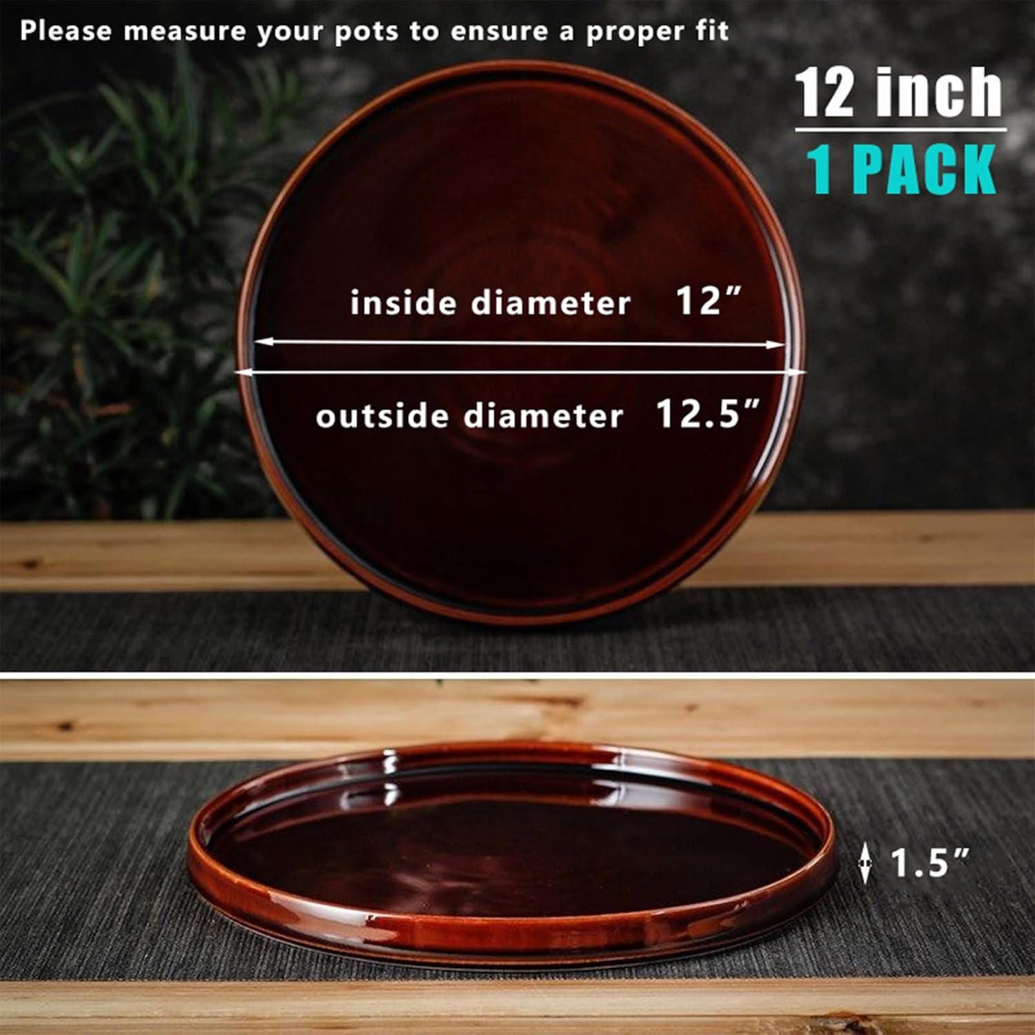 Ceramic Plant Saucer 12 Inch, Round Plant Trays for Indoors/Outdoors, Flower Pot Saucers for Holding Water Drips and Soil, Ceramic Drainage Tray for Plant Pot (Brown)