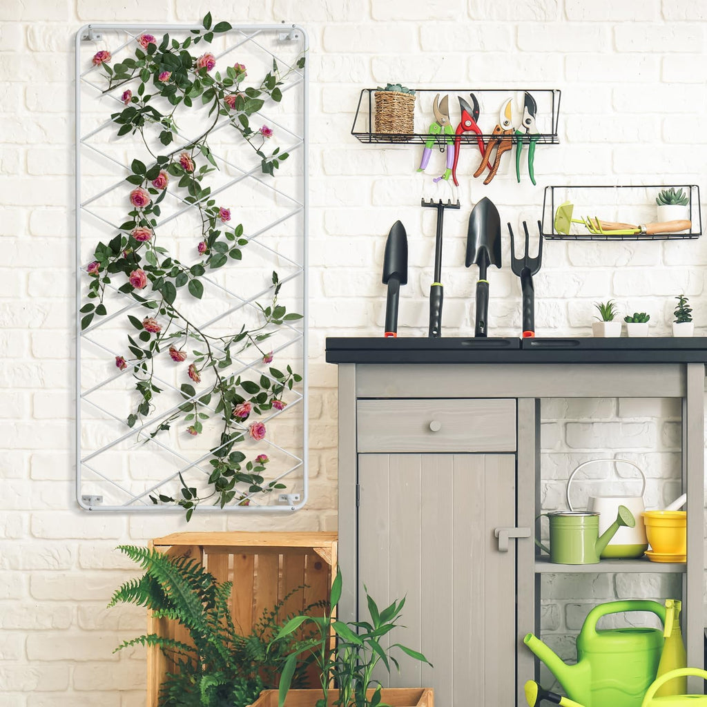 MyGift 50 by 24 Inch Single Panel Wall Mounted Garden Trellis with Metal Diamond Screen, Hanging Lattice Support Frame for Outdoor or Indoor Climbing Plant Vines (Matte White, 1 pc)