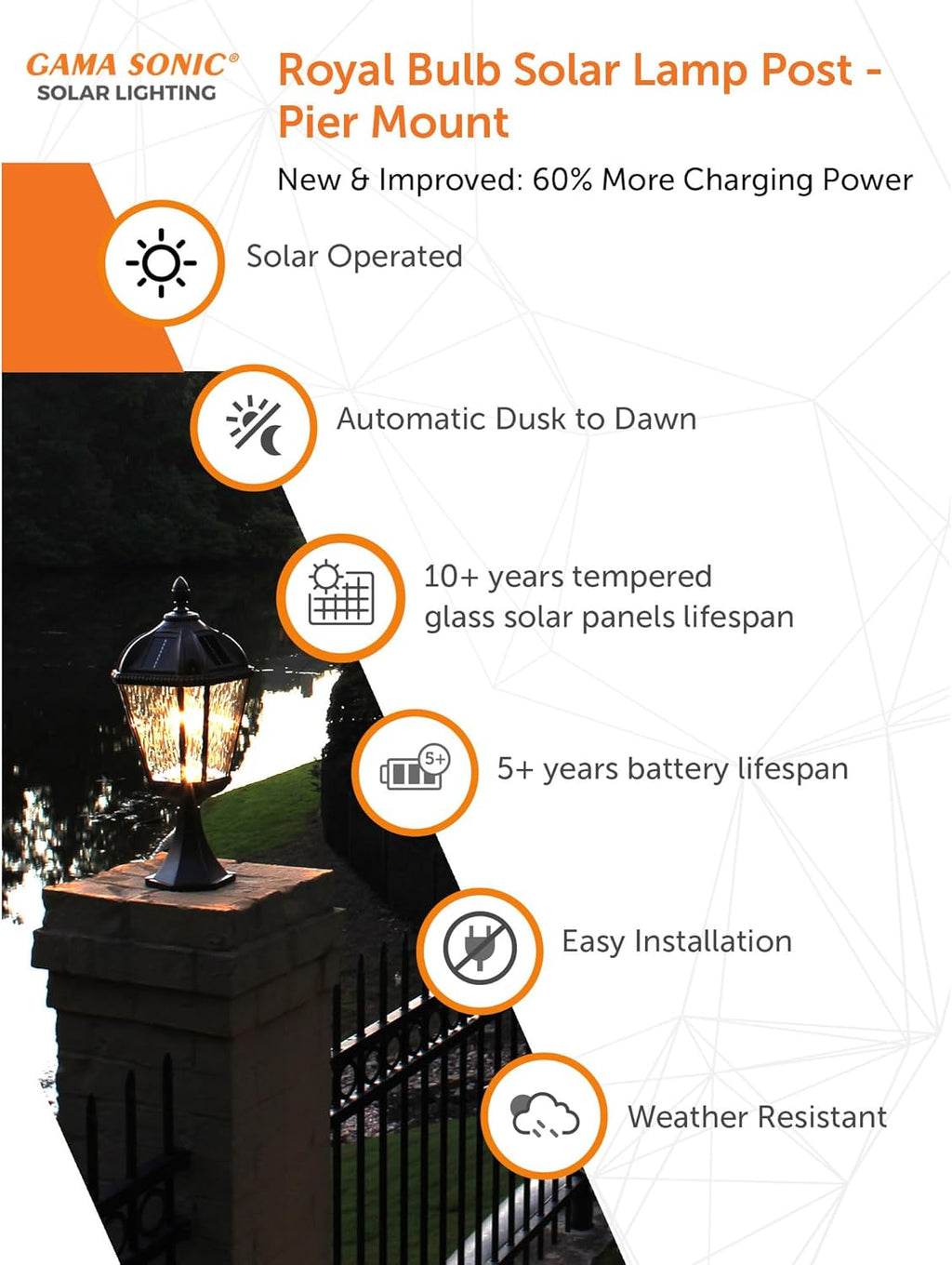 Gama Sonic Outdoor Solar Post Light with Pier Base, Brushed Bronze Finish Aluminum and Rain Glass, Royal Bulb 150 Lumens Warm White LED, Mount on Column or Flat Surface 98B111 Upgraded Panel