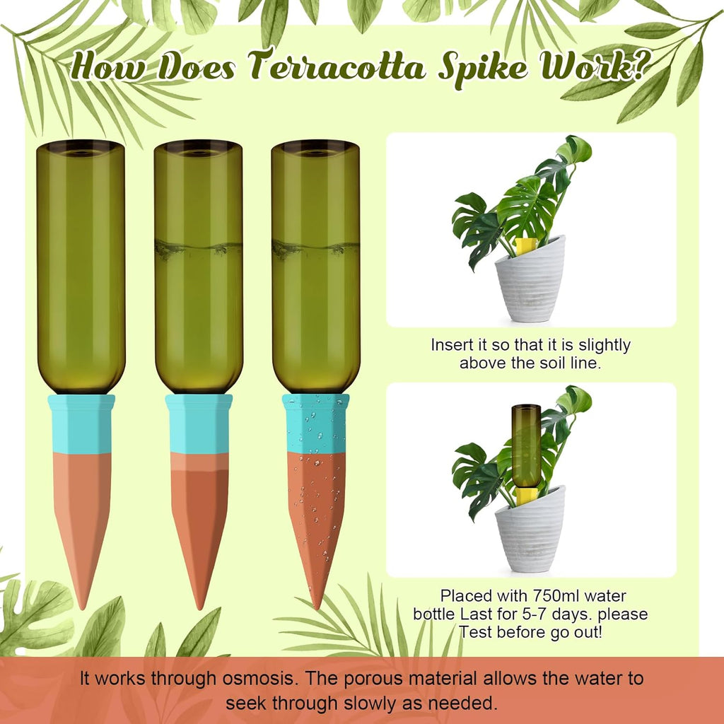 12 Pack Plant Watering Devices Include 6 Terracotta Self Watering Spikes and 6 Pcs 26 oz Plastic Bottles, Slow Release Vacation Insert Automatic Plant Waterer Device (Mixed Colors)