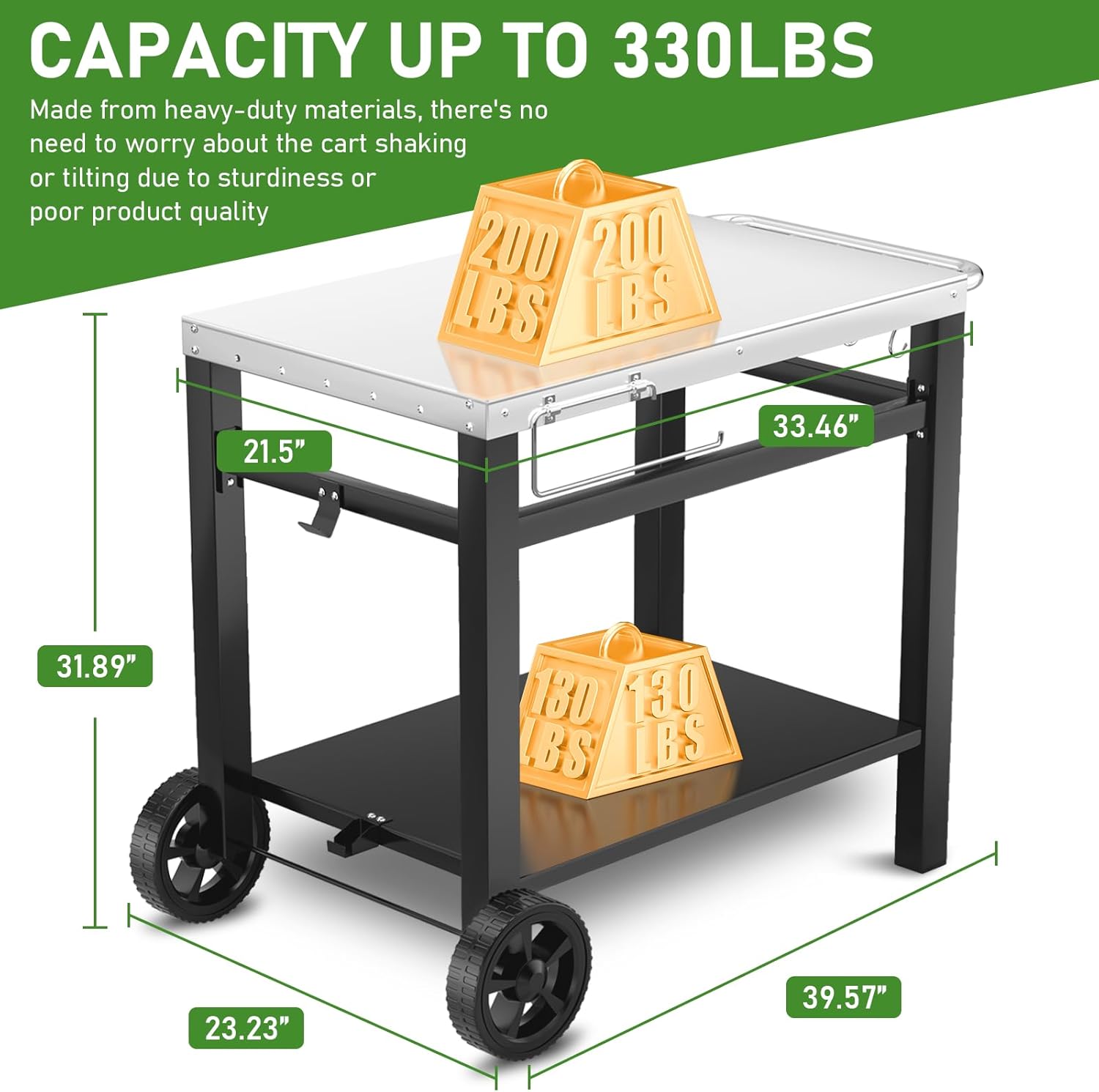 34x21IN Outdoor Grill Table, Grill Stand Cart for Ninja Woodfire & Blackstone Griddle, Pizza Oven Table for Outside, Extra-Wide Stainless Steel Cart with Wheels for Kitchen Food Prep Table