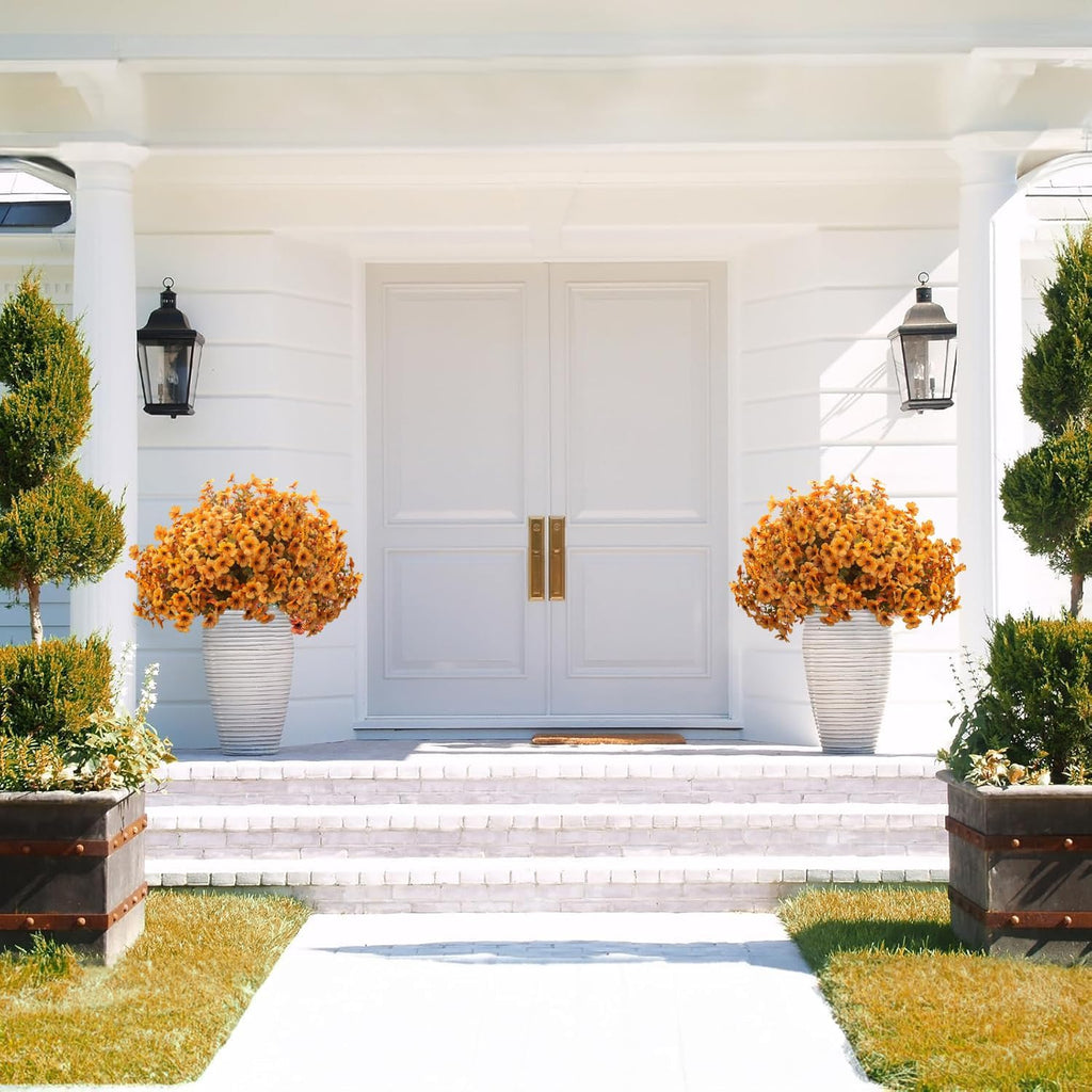 16 Bundles Artificial Fall Flowers UV Resistant Faux Greenery, All Weather Outdoor Autumn Decor for Thanksgiving Christmas Wedding Home Garden Fireplace Party Décor (Fall Orange Yellow)