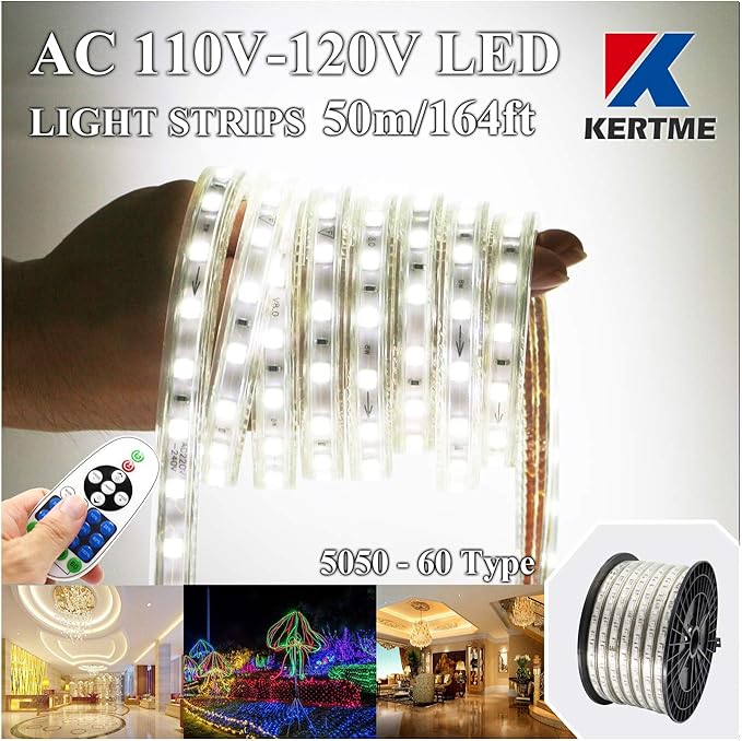 5050-60 Type AC 110-120V White LED Strip Lights, Flexible/Waterproof/Dimmable/Multi-Modes LED Rope Light + 23 Keys Remote for Home/Garden/Building Decoration (164ft/50m, White 6000K)