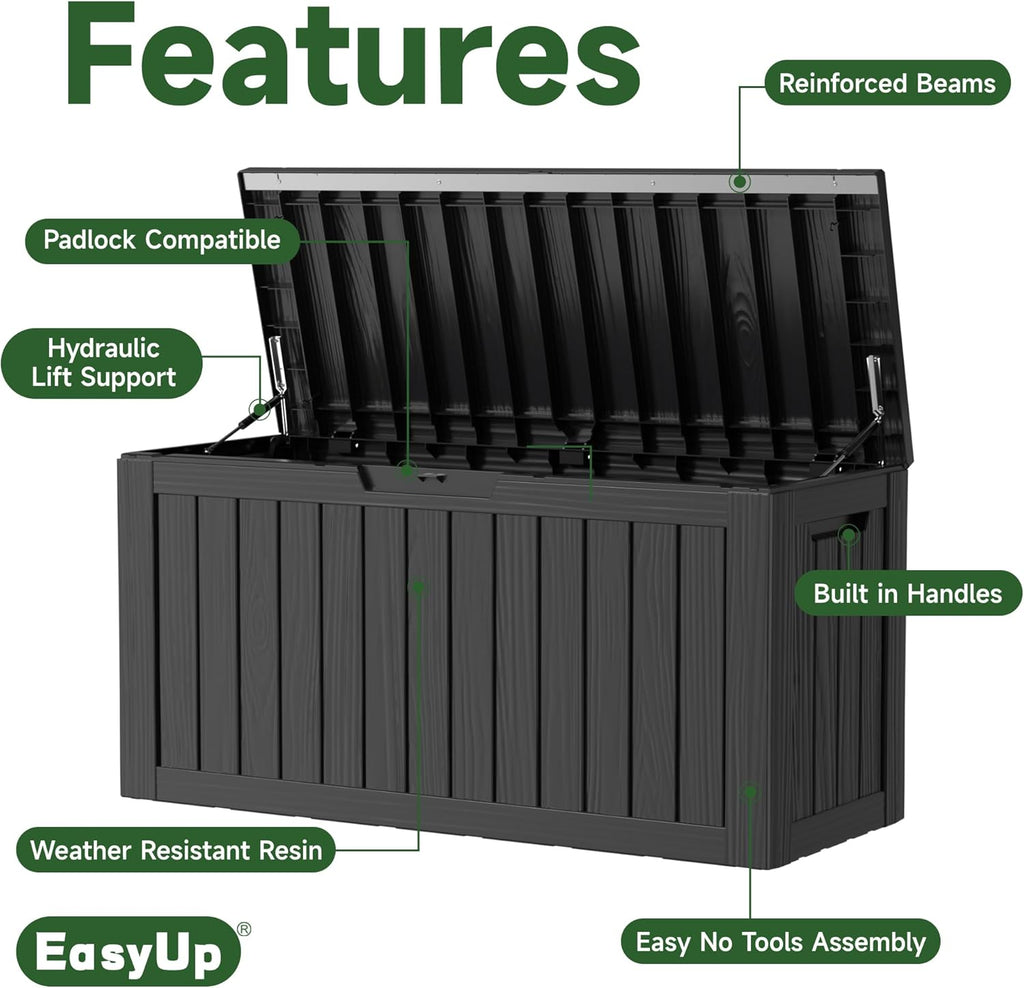 80 Gallon Outdoor Storage Box Waterproof, UV Resistant Resin Deck Box with Hydraulic Rod, Reinforced Stability for Patio, Garden, Striped Black