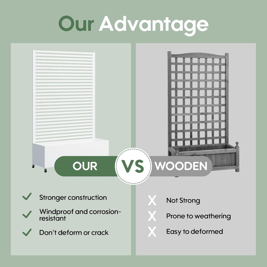 Metal Planter Box with Trellis Privacy Screen, Raised Garden Bed with Trellis & Wheels, Privacy Planters for Patio, Planter Box with Drainage Holes for Climbing Plants, Flower, 73"x 47"x 16", White