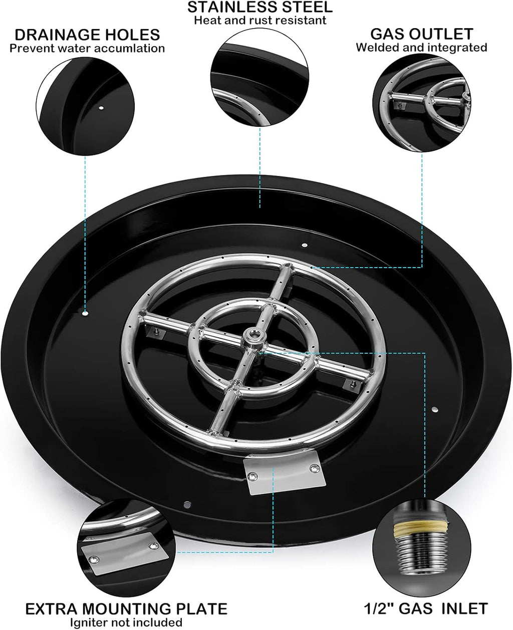 Stanbroil 19-Inch Round Fire Pit Burner Pan, Drop-in Gas Firepit Insert for DIY Fire Pit Table, Porcelain Steel, BTU 92,000 Max